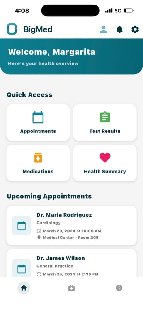 BigMed app home screen with health overview and quick access